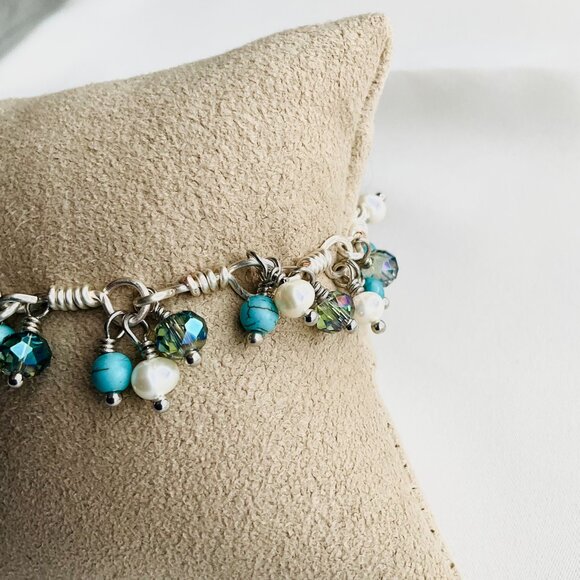 Cluster Bracelet with Turquoise, Pearls, and Crystals. Chain with Dangle Gem - Picture 13 of 16